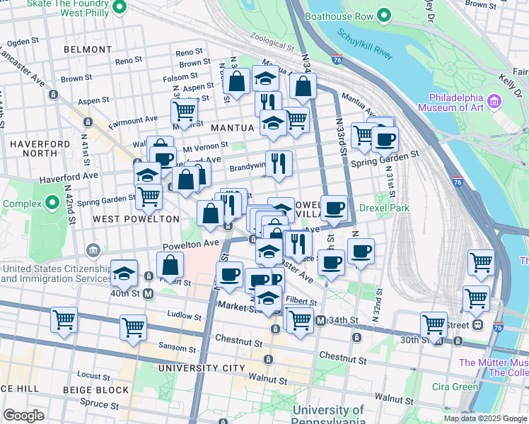 map of restaurants, bars, coffee shops, grocery stores, and more near 3614 Baring Street in Philadelphia