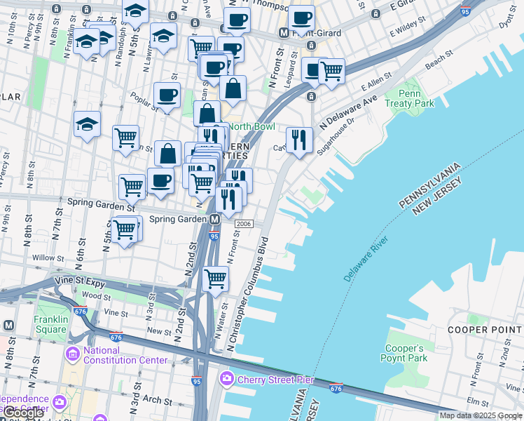 map of restaurants, bars, coffee shops, grocery stores, and more near 707 North Front Street in Philadelphia