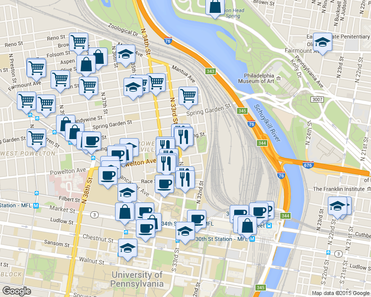 map of restaurants, bars, coffee shops, grocery stores, and more near 3214 Baring Street in Philadelphia