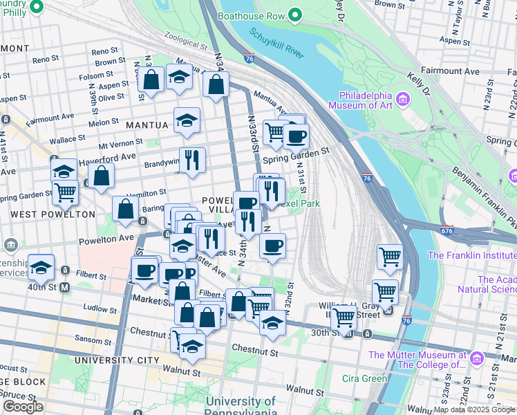 map of restaurants, bars, coffee shops, grocery stores, and more near 3308 Baring Street in Philadelphia