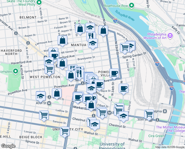 map of restaurants, bars, coffee shops, grocery stores, and more near 3616 Hamilton Street in Philadelphia