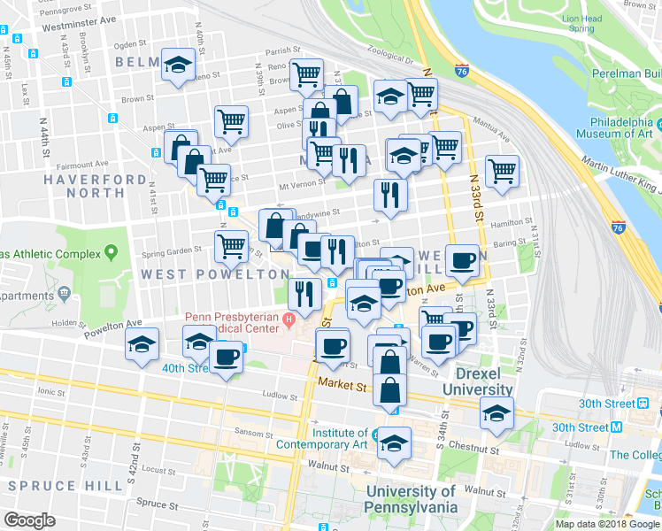 map of restaurants, bars, coffee shops, grocery stores, and more near 3718 Hamilton Street in Philadelphia