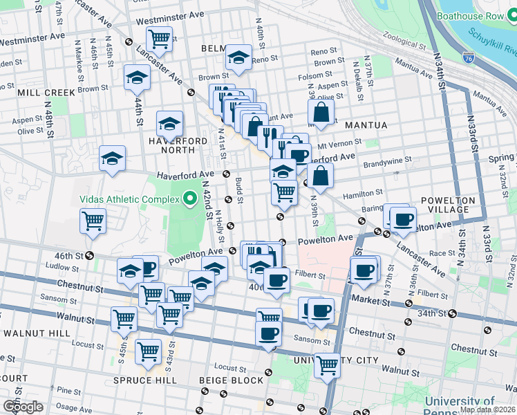map of restaurants, bars, coffee shops, grocery stores, and more near 4047 Spring Garden Street in Philadelphia