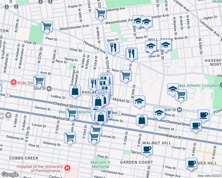 map of restaurants, bars, coffee shops, grocery stores, and more near 5125 Arch Street in Philadelphia