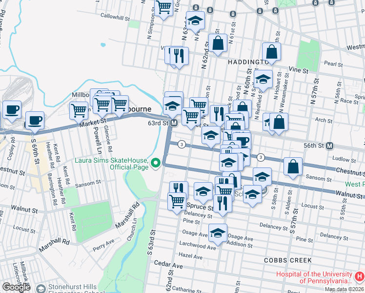 map of restaurants, bars, coffee shops, grocery stores, and more near 6236 Ludlow Street in Philadelphia