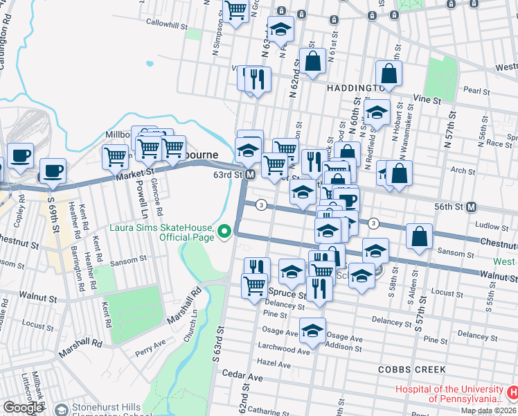 map of restaurants, bars, coffee shops, grocery stores, and more near 6236 Ludlow Street in Philadelphia