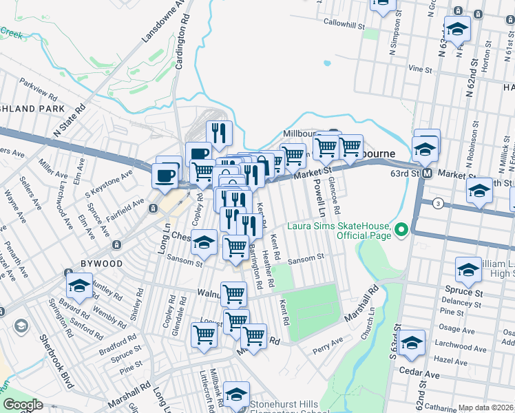 map of restaurants, bars, coffee shops, grocery stores, and more near 8 Chatham Road in Delaware County