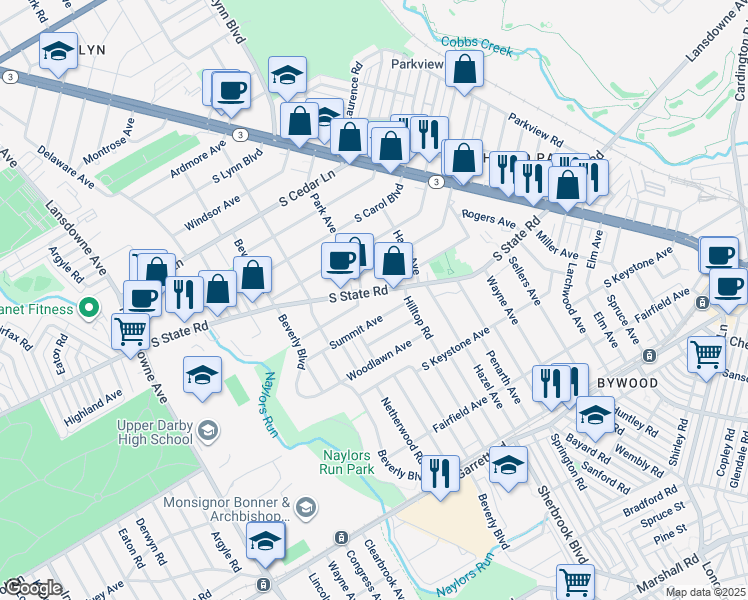 map of restaurants, bars, coffee shops, grocery stores, and more near 134 South State Road in Delaware County