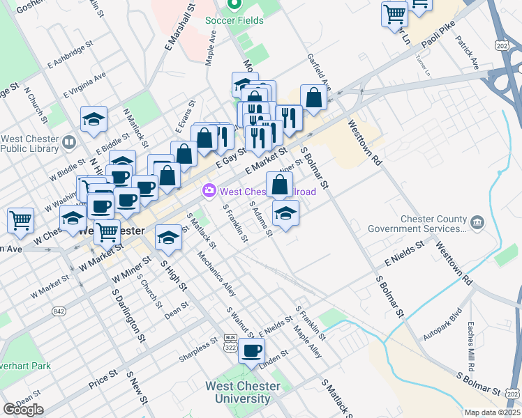 map of restaurants, bars, coffee shops, grocery stores, and more near 413 East Barnard Street in West Chester