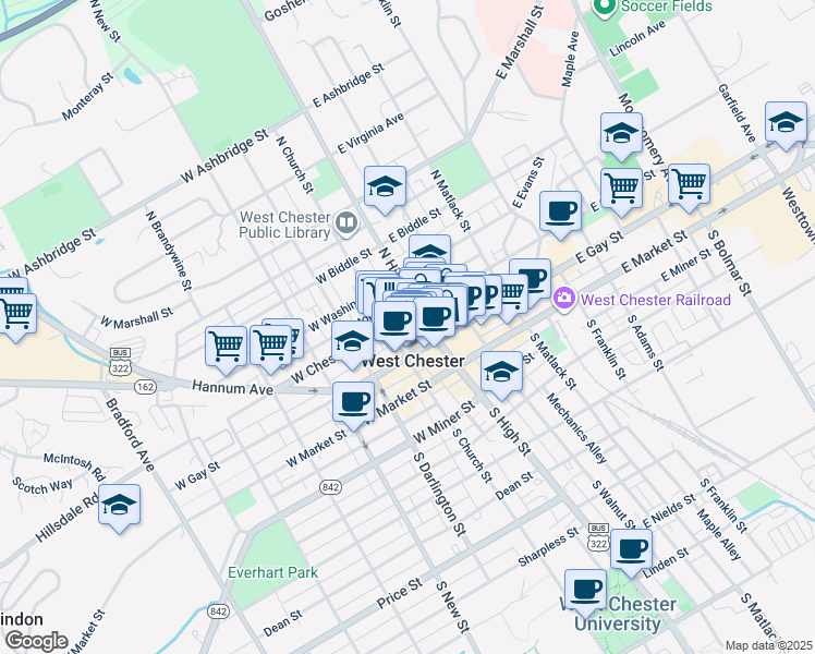 map of restaurants, bars, coffee shops, grocery stores, and more near in West Chester