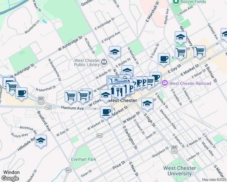 map of restaurants, bars, coffee shops, grocery stores, and more near 223 North Church Street in West Chester