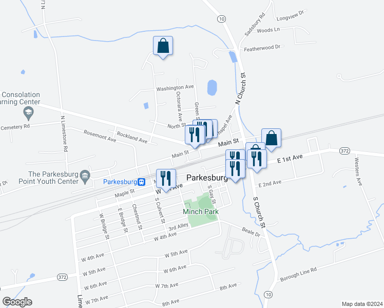 map of restaurants, bars, coffee shops, grocery stores, and more near 309 Strasburg Avenue in Parkesburg