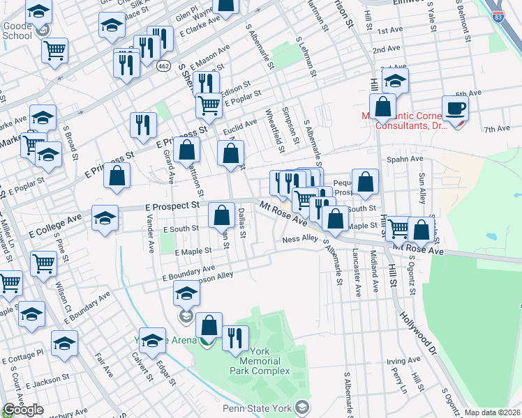 map of restaurants, bars, coffee shops, grocery stores, and more near in York