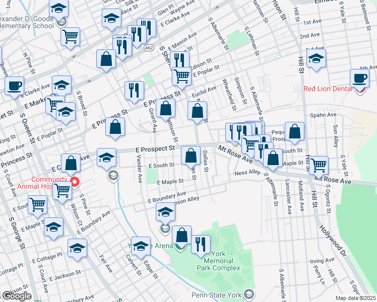 map of restaurants, bars, coffee shops, grocery stores, and more near 813 East Prospect Street in York