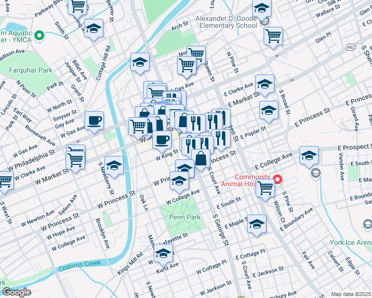 map of restaurants, bars, coffee shops, grocery stores, and more near in York