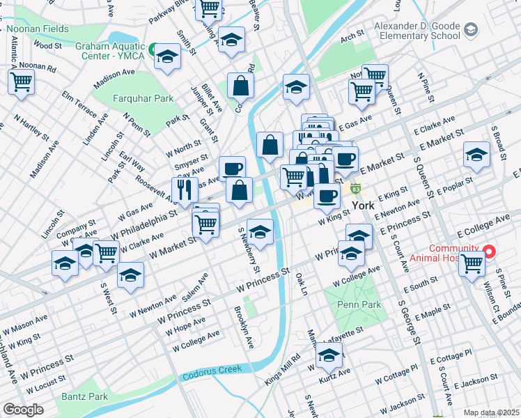 map of restaurants, bars, coffee shops, grocery stores, and more near 234 West Clarke Avenue in York