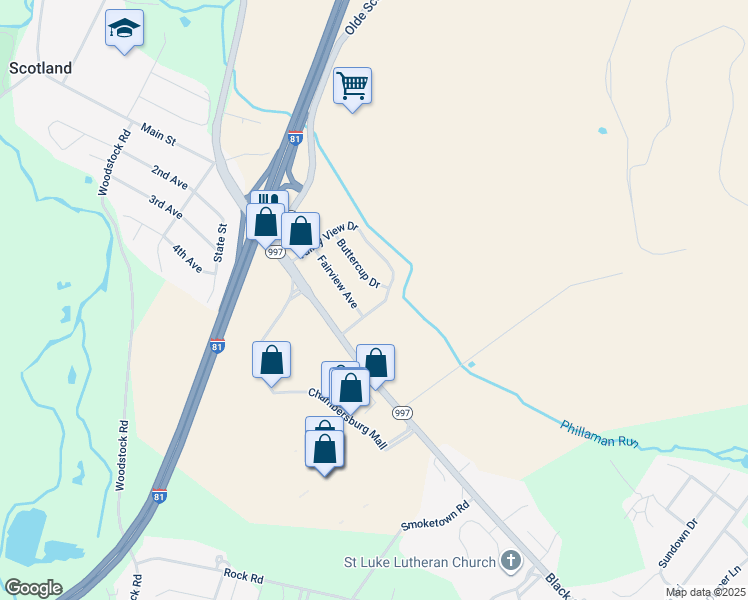 map of restaurants, bars, coffee shops, grocery stores, and more near 3492 Interchange Drive in Chambersburg