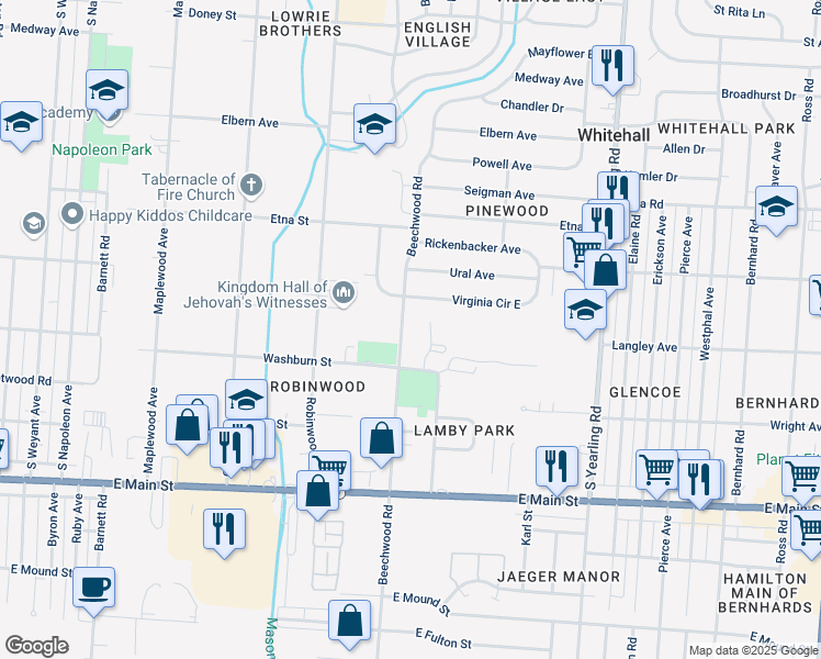 map of restaurants, bars, coffee shops, grocery stores, and more near 3995 Virginia Circle East in Columbus