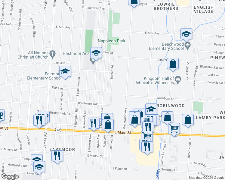 map of restaurants, bars, coffee shops, grocery stores, and more near 532 Barnett Road in Columbus
