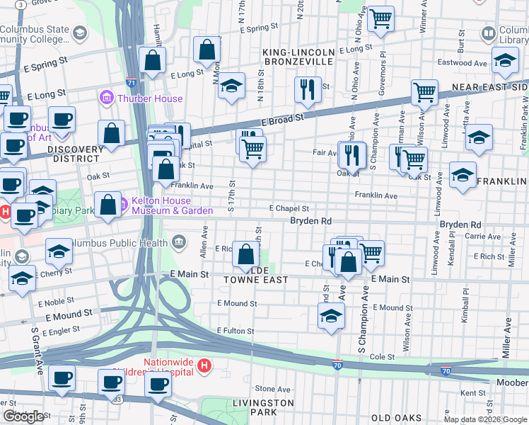 map of restaurants, bars, coffee shops, grocery stores, and more near 909 Gustavus Lane in Columbus