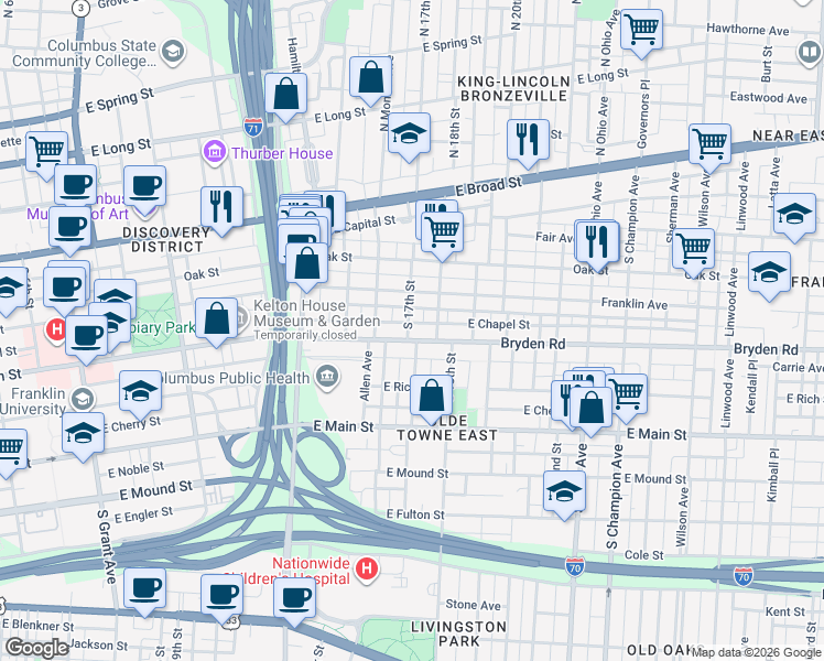map of restaurants, bars, coffee shops, grocery stores, and more near 165 South 18th Street in Columbus