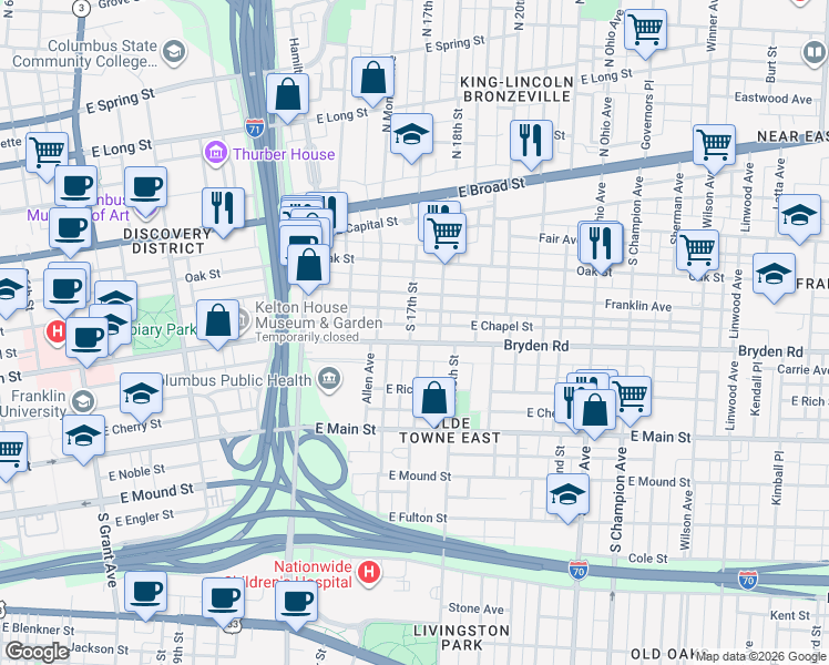 map of restaurants, bars, coffee shops, grocery stores, and more near 165 South 18th Street in Columbus