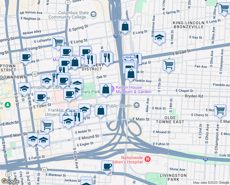 map of restaurants, bars, coffee shops, grocery stores, and more near 587 Franklin Avenue in Columbus