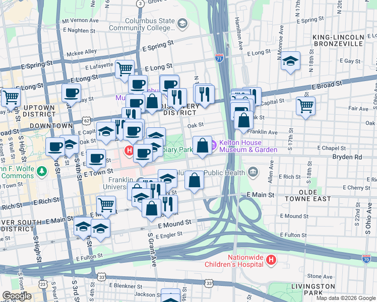 map of restaurants, bars, coffee shops, grocery stores, and more near 527 Franklin Avenue in Columbus