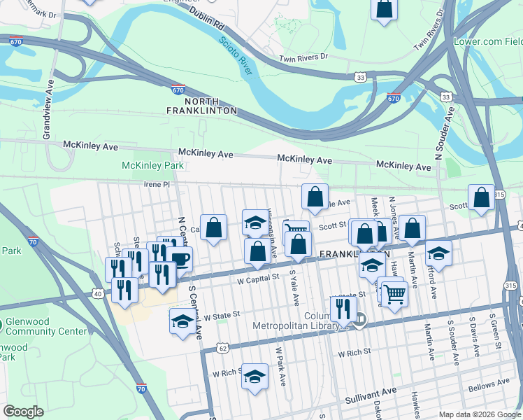 map of restaurants, bars, coffee shops, grocery stores, and more near 157 Wisconsin Avenue in Columbus