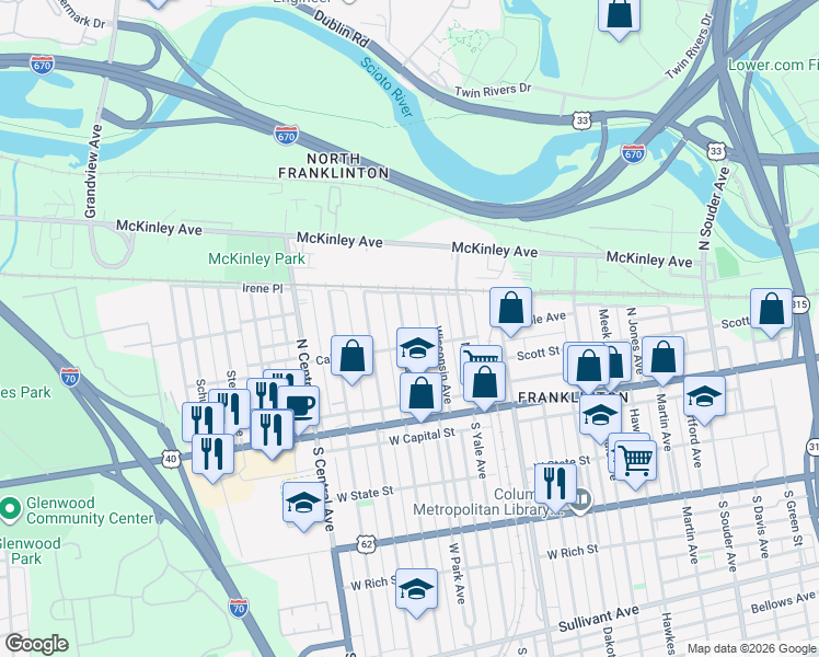 map of restaurants, bars, coffee shops, grocery stores, and more near 157 Wisconsin Avenue in Columbus