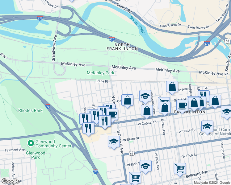 map of restaurants, bars, coffee shops, grocery stores, and more near 188 North Central Avenue in Columbus