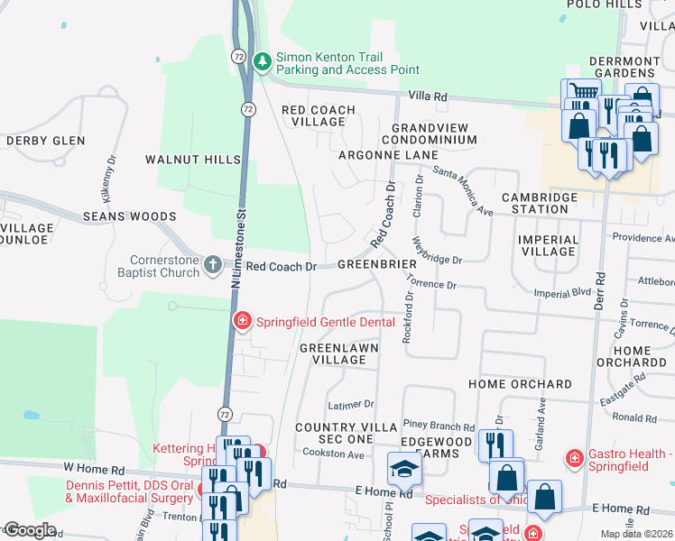 map of restaurants, bars, coffee shops, grocery stores, and more near 2923 Archer Drive in Springfield