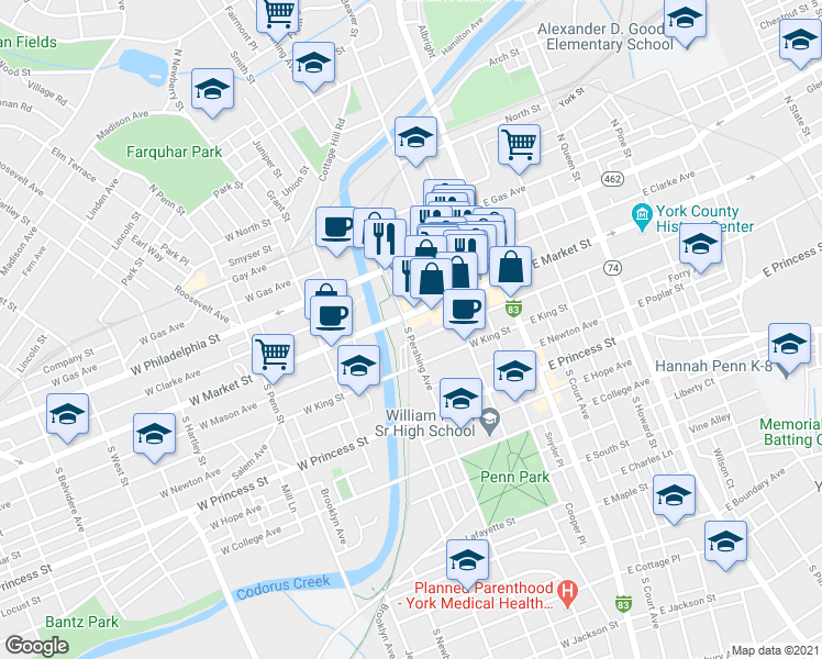 map of restaurants, bars, coffee shops, grocery stores, and more near 15 South Pershing Avenue in York