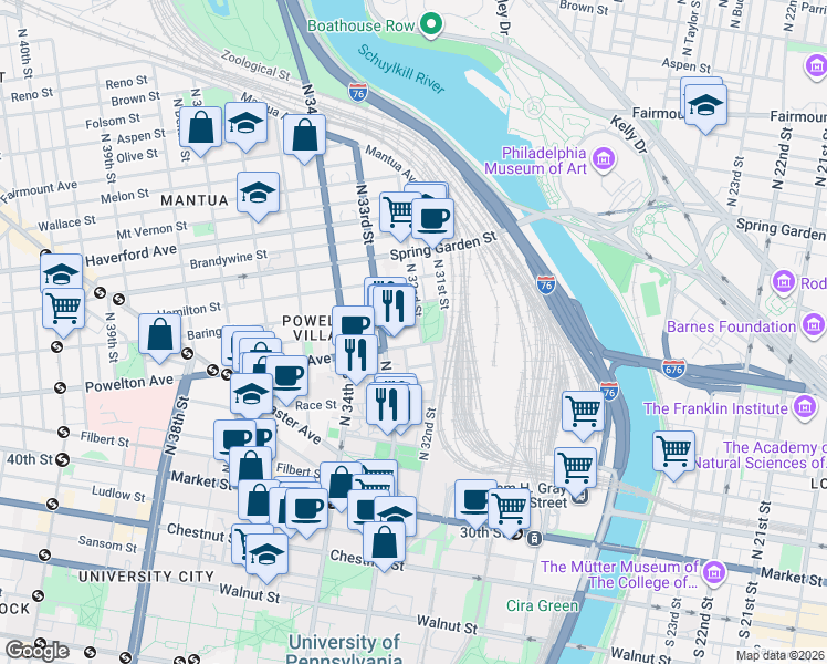 map of restaurants, bars, coffee shops, grocery stores, and more near 306 North 32nd Street in Philadelphia