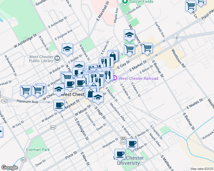 map of restaurants, bars, coffee shops, grocery stores, and more near 213 East Market Street in West Chester