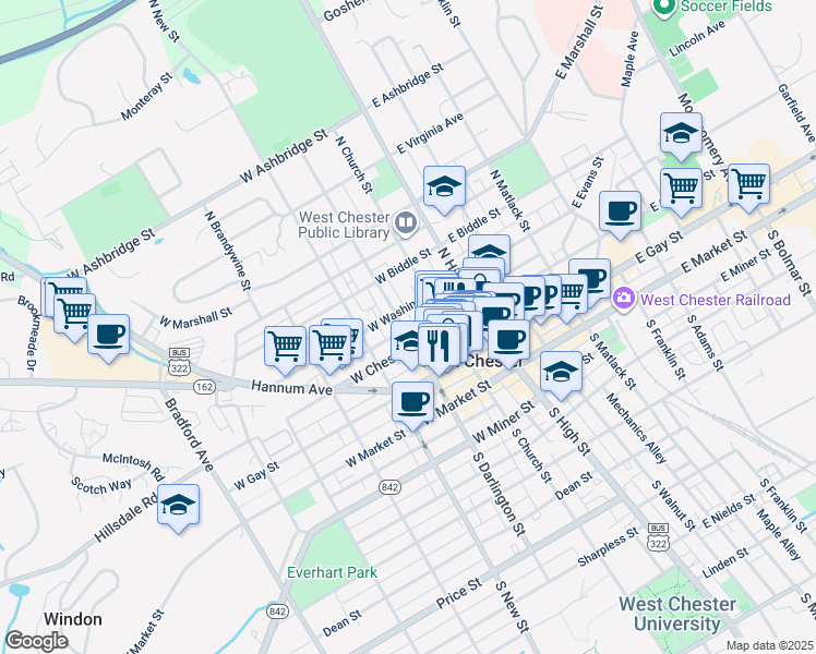 map of restaurants, bars, coffee shops, grocery stores, and more near 217 North Darlington Street in West Chester