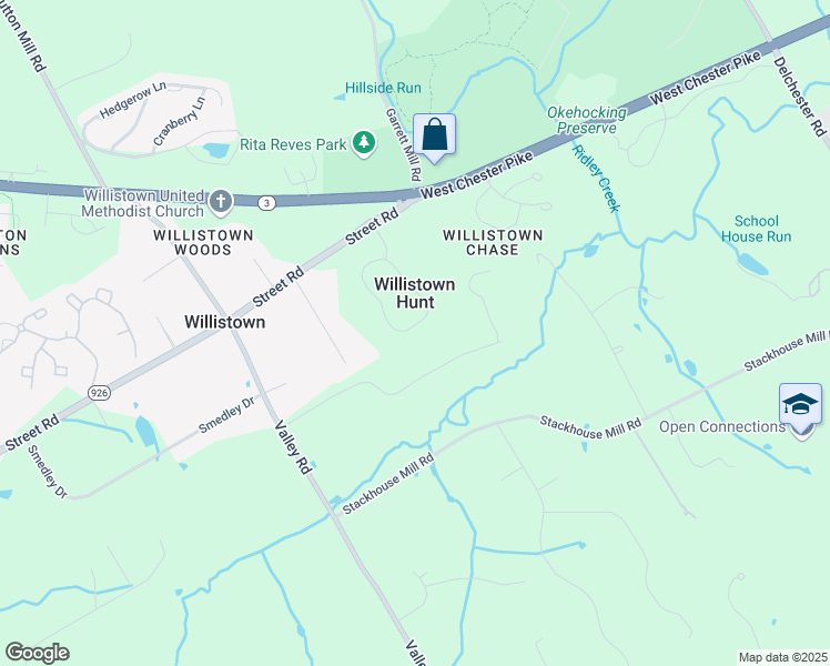 map of restaurants, bars, coffee shops, grocery stores, and more near 72 Longview Lane in Newtown Square