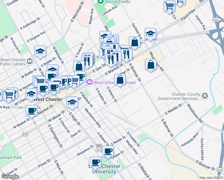 map of restaurants, bars, coffee shops, grocery stores, and more near 413 East Barnard Street in West Chester