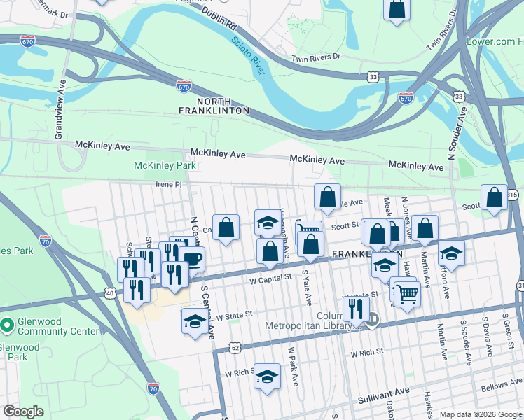 map of restaurants, bars, coffee shops, grocery stores, and more near 157 Wisconsin Avenue in Columbus