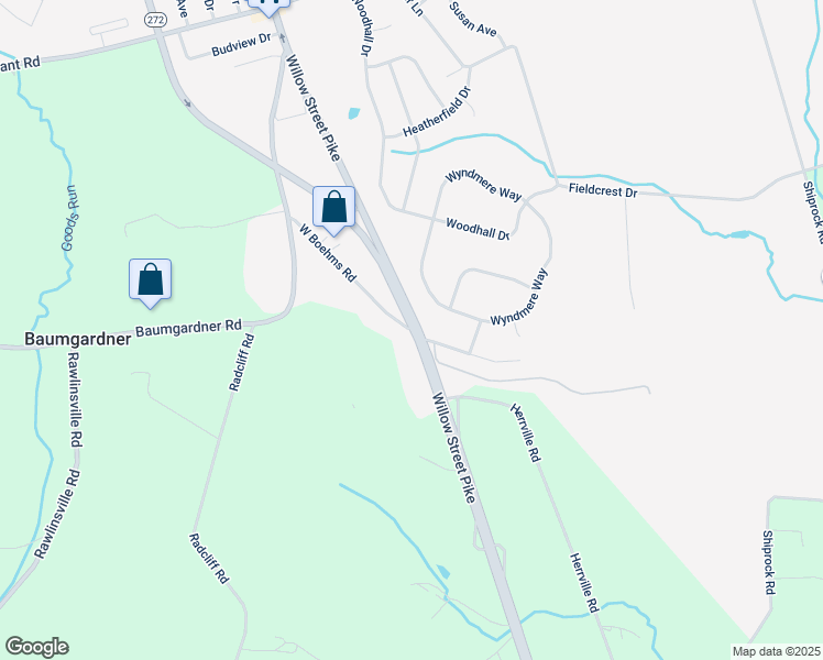map of restaurants, bars, coffee shops, grocery stores, and more near 1 West Boehms Road in Willow Street