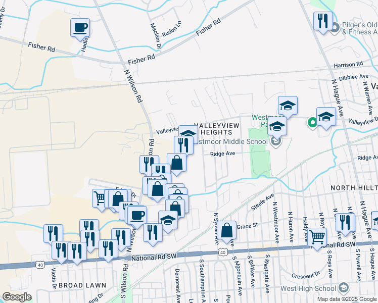 map of restaurants, bars, coffee shops, grocery stores, and more near 310 North Wilson Road in Columbus