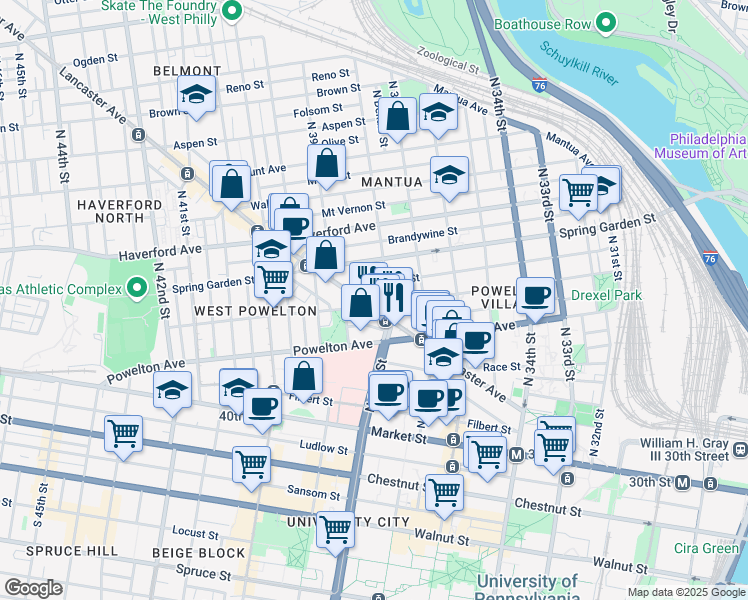 map of restaurants, bars, coffee shops, grocery stores, and more near 3811 Baring Street in Philadelphia