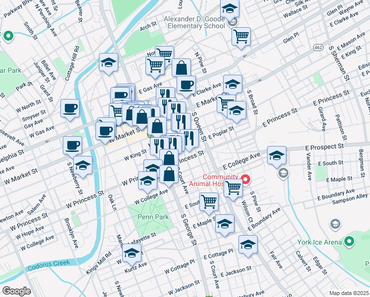 map of restaurants, bars, coffee shops, grocery stores, and more near 131 South Duke Street in York