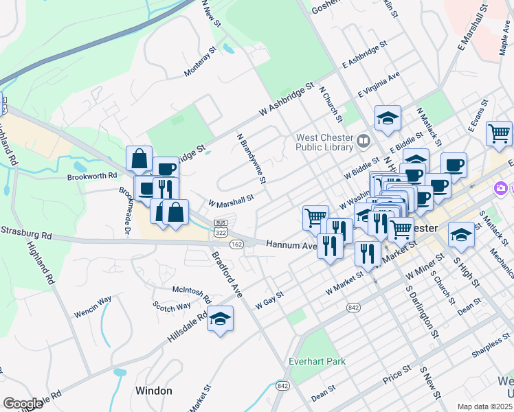 map of restaurants, bars, coffee shops, grocery stores, and more near 430 North Brandywine Street in West Chester