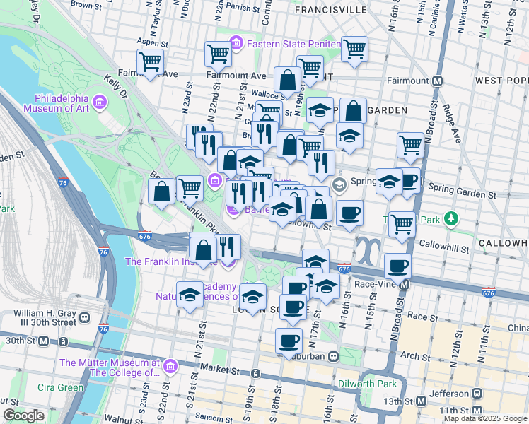 map of restaurants, bars, coffee shops, grocery stores, and more near 1901 Callowhill Street in Philadelphia