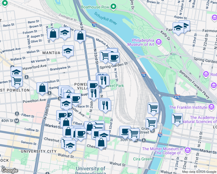 map of restaurants, bars, coffee shops, grocery stores, and more near 308 North 32nd Street in Philadelphia