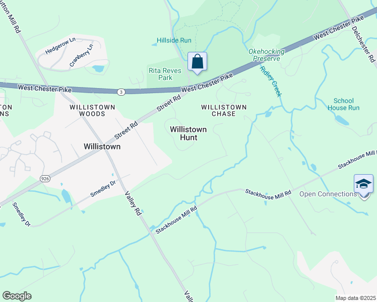 map of restaurants, bars, coffee shops, grocery stores, and more near 72 Longview Lane in Newtown Square