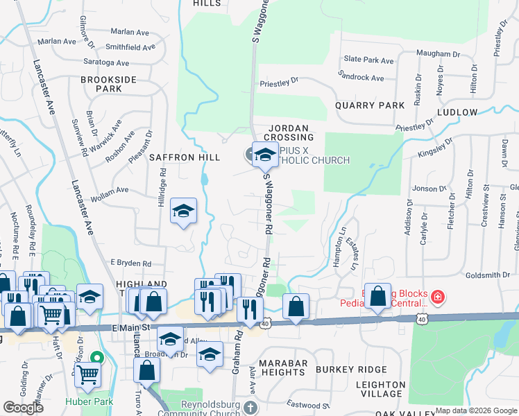 map of restaurants, bars, coffee shops, grocery stores, and more near 7636 Ridgemont Court in Reynoldsburg