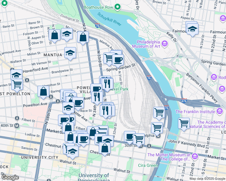 map of restaurants, bars, coffee shops, grocery stores, and more near 308 North 32nd Street in Philadelphia
