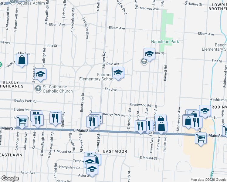 map of restaurants, bars, coffee shops, grocery stores, and more near 3281 Mayfair Park Place in Columbus